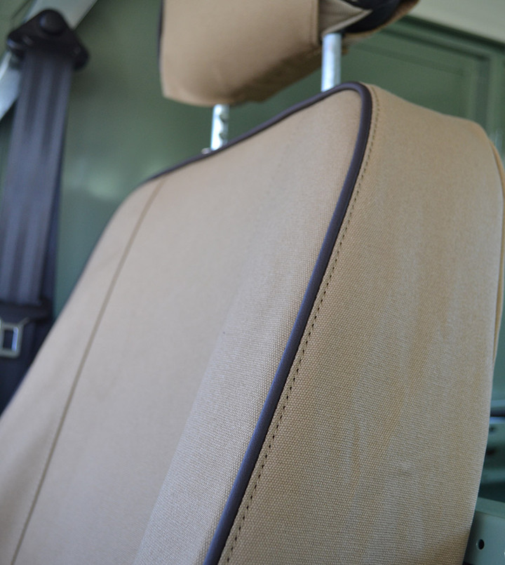 EXT019-5 - Front Outer Seat Covers (Pair) - Defender Puma / TD4 2007 onwards - Sand Canvas - By Exmoor Trim Image 4