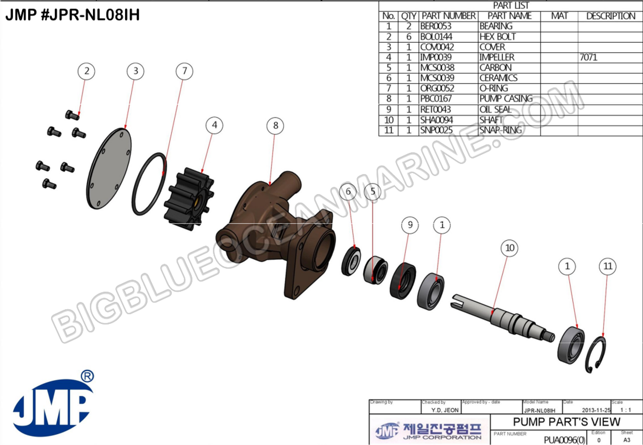 #JPR-NL08IH JMP MARINE NORTHERN LIGHTS REPLACEMENT ENGINE COOLING PUMP. Exploded View Parts Diagram