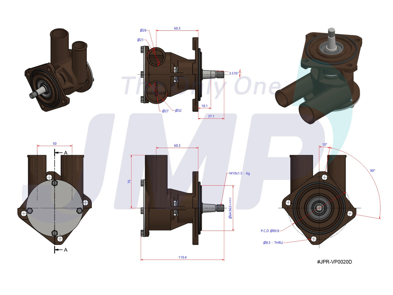 #JPR-VP0020D JMP MARINE VOLVO PENTA REPLACEMENT ENGINE COOLING PUMP
Dimensional Layout