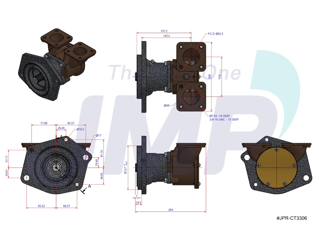 #JPR-CT3306 JMP Marine Caterpillar Replacement Engine Cooling Pump Dimensional Layout