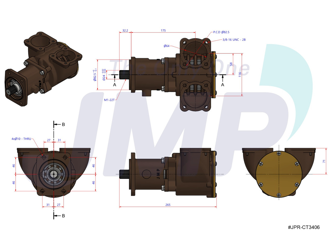 #JPR-CT3406 JMP Marine Caterpillar Replacement Engine Cooling Pump Dimensional Layout