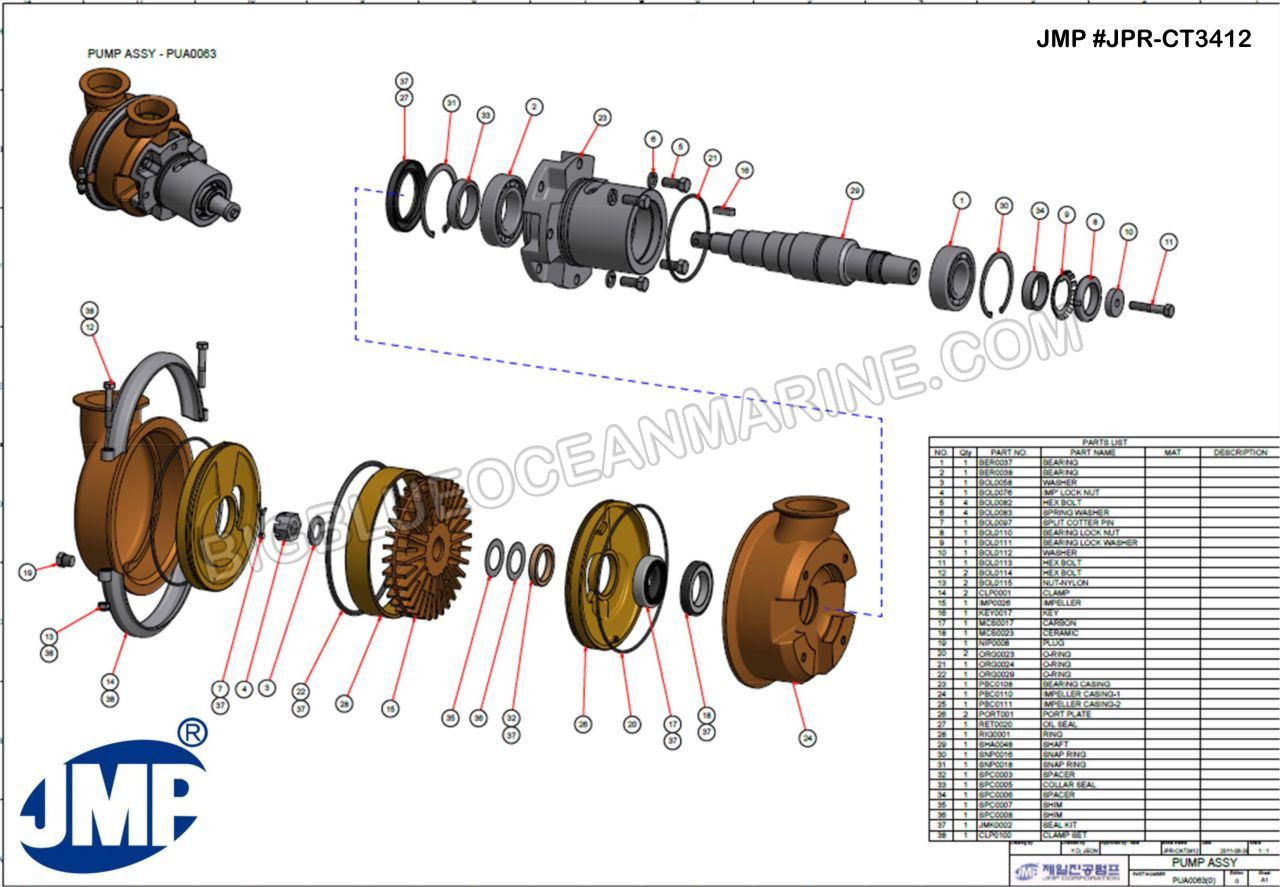 #JPR-CT3412 JMP Marine Caterpillar Replacement Engine Cooling Seawater Pump Exploded View Parts Diagram