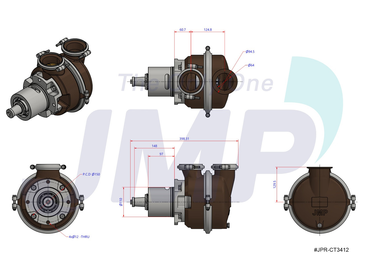 #JPR-CT3412 JMP Marine Caterpillar Replacement Engine Cooling Seawater Pump Dimensional Layout