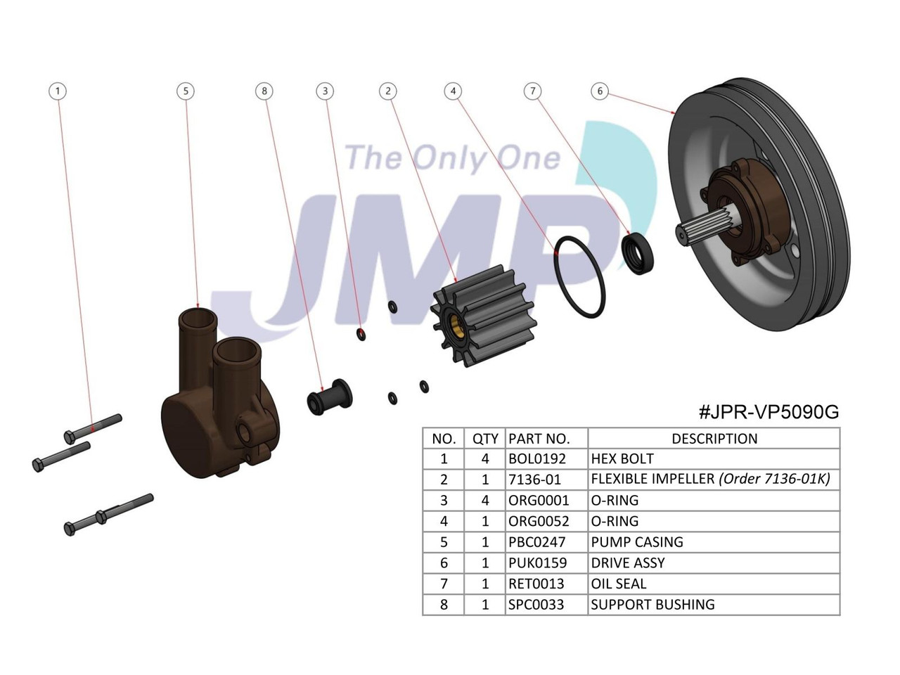 #JPR-VP5090G JMP Marine Volvo Penta Replacement Gasoline Engine Cooling Seawater Pump Exploded View Parts Diagram
