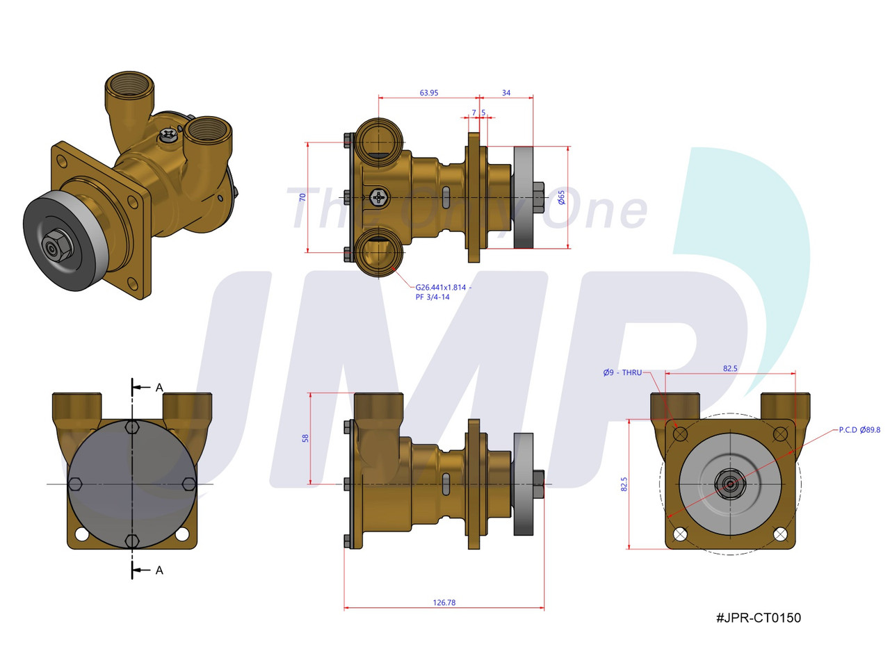 #JPR-CT0150 JMP Marine Caterpillar C1.2 / C2.2 Replacement Engine Cooling Seawater Pump Dimensional Layout