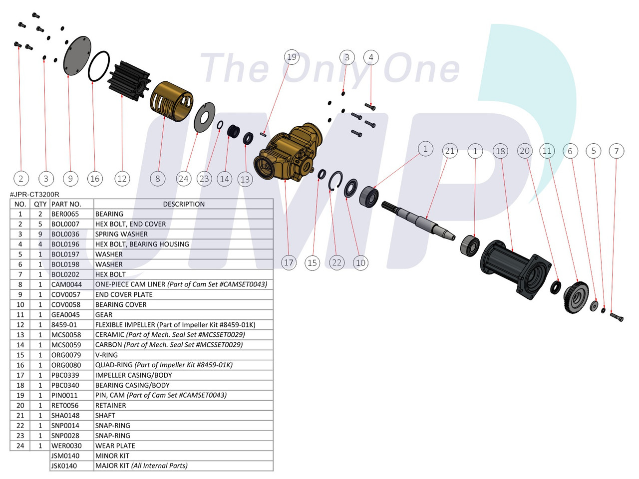 #JPR-CT3200R JMP Marine Caterpillar C32 Replacement Engine Cooling Pump Exploded View Parts Diagram