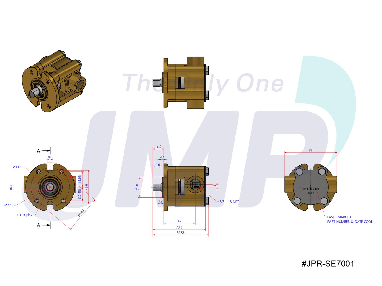 #JPR-SE77001 JMP Marine Kohler Replacement Engine Cooling Pump Dimensional Layout