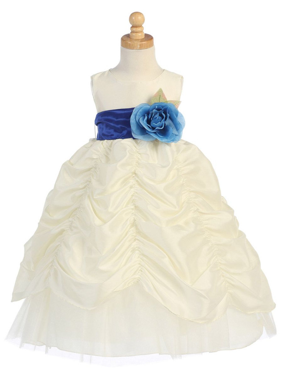 Blossom Ivory Taffeta Dress w/ Shirred Skirt and Detachable Sash & Flower