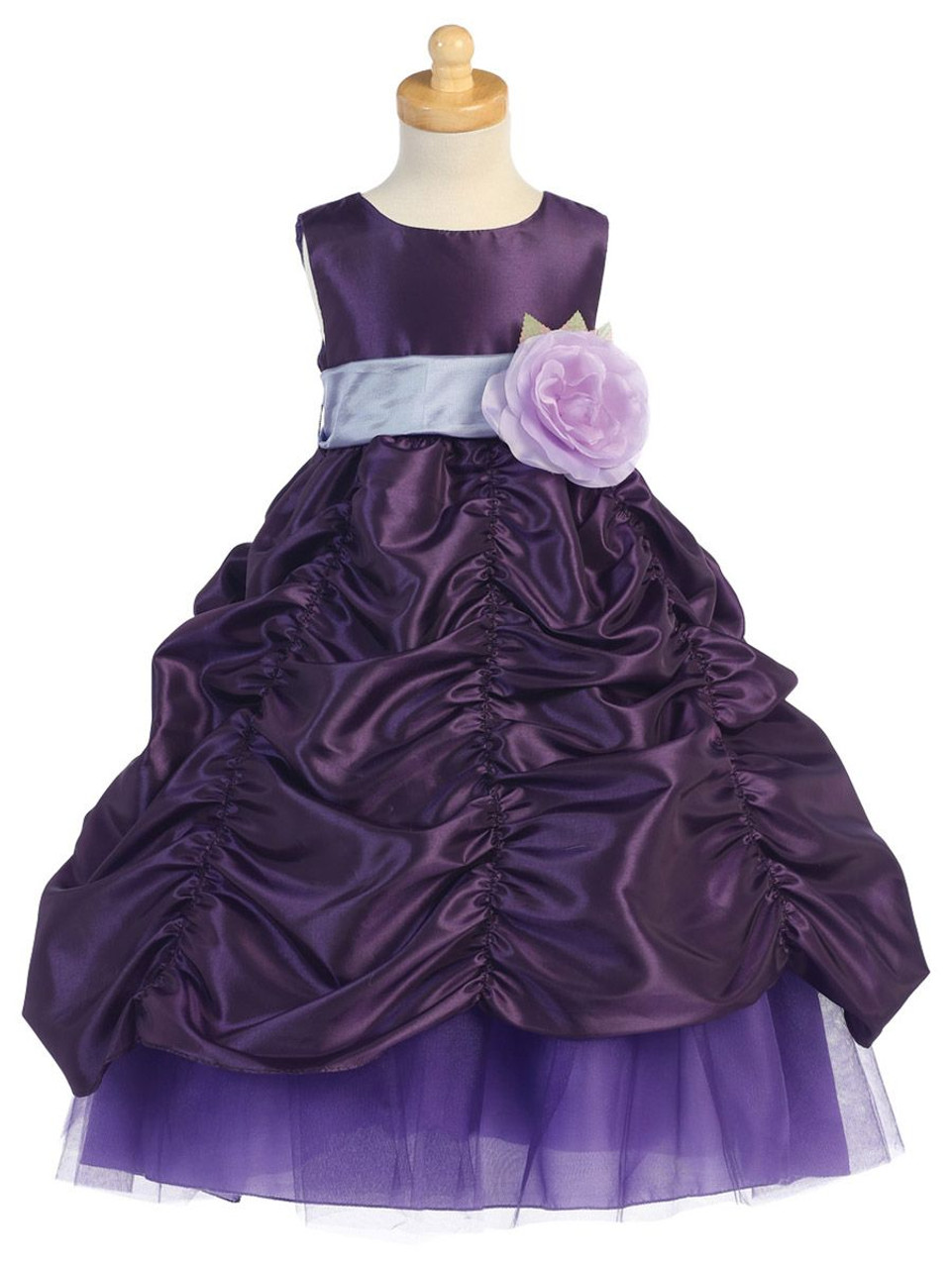 Blossom Purple Taffeta Dress w/ Shirred Skirt and Detachable Sash & Flower