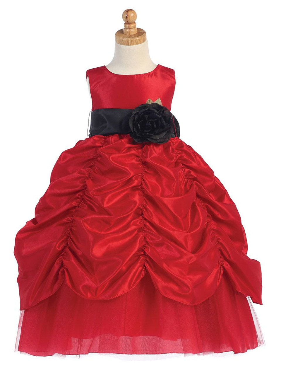 Blossom Red Taffeta Dress w/ Shirred Skirt and Detachable Sash & Flower