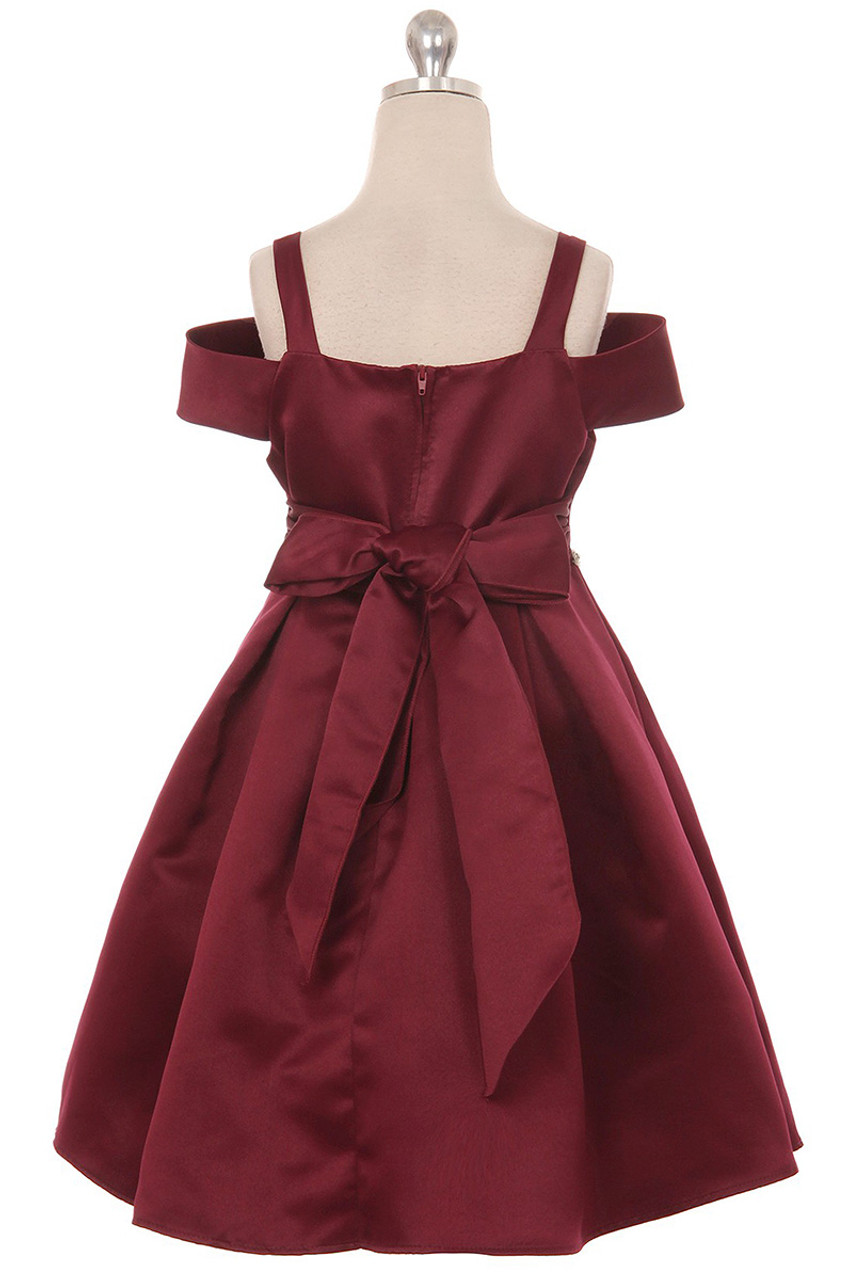 Crayon Kids C400 Burgundy Off The Shoulder V-Neck Jeweled Waist Dress