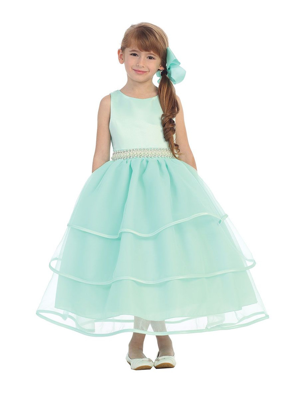 Mint Special Organza Tea Length Dress w/ Pearly Band - Pink Princess