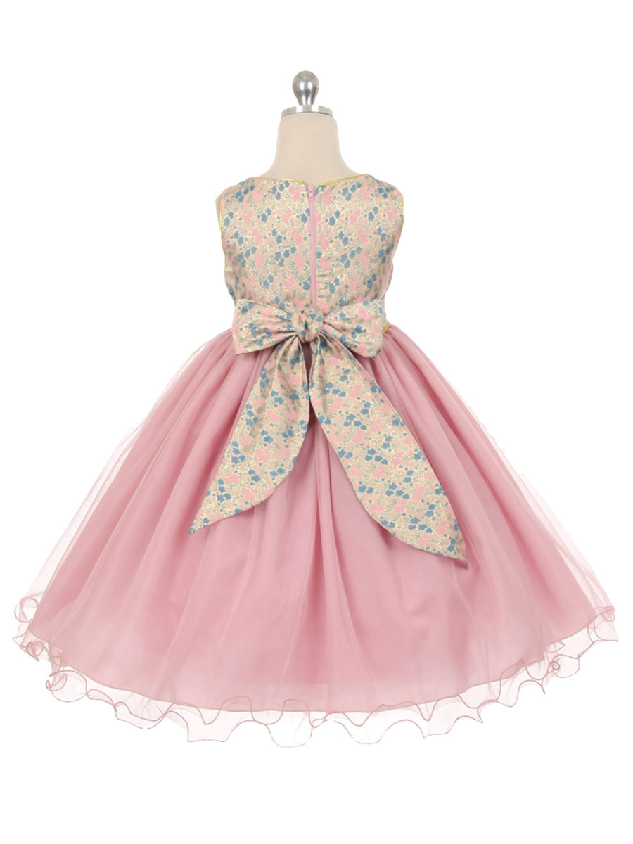 Aqua Floral Jacquard Bodice w/ Tulle Dress - Pink Princess