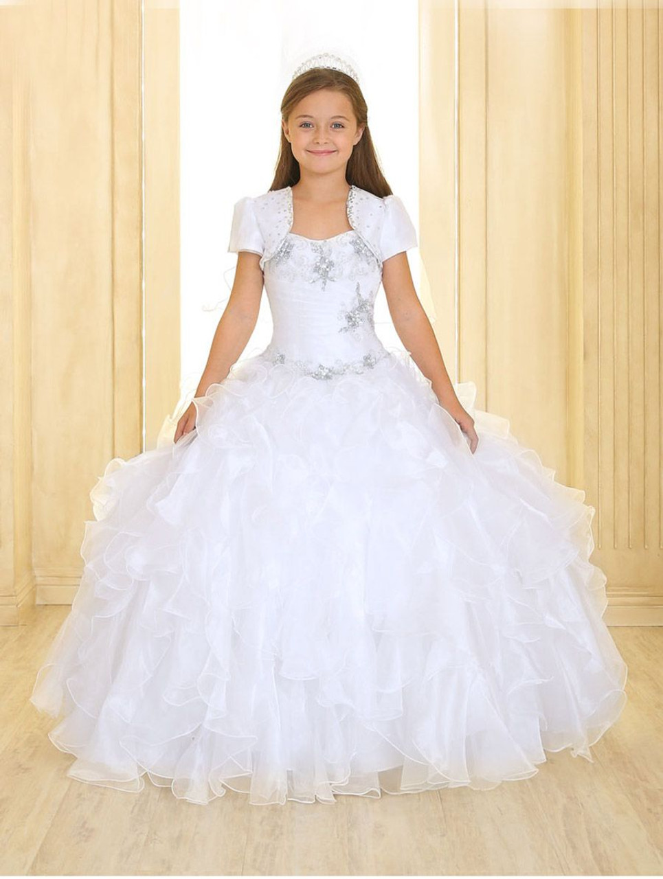 White Ruffle Pageant Dress w/ Jewel Embroidered Bodice & Bolero