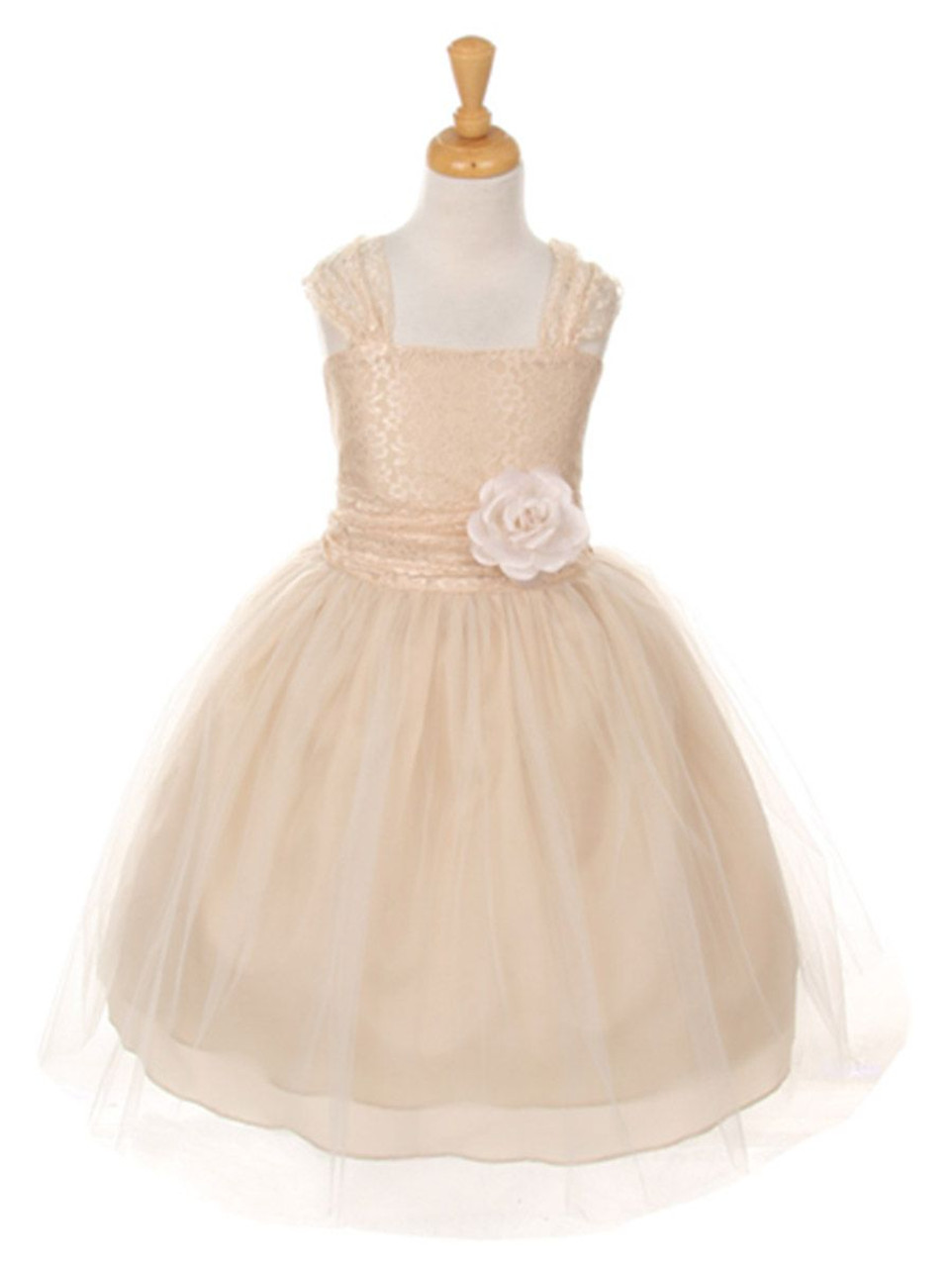 Champagne Floral Lace Dress w/ Cross Back & Tulle Skirt - Pink Princess