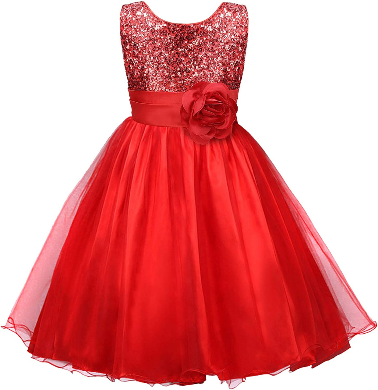 Red Sequined Bodice w/ Double Layered Mesh Dress - Pink Princess