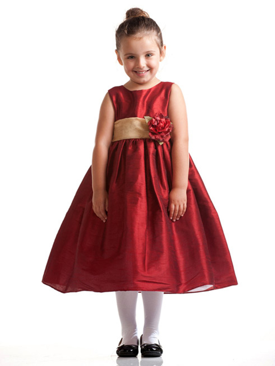 Red Polyester Dupioni Dress w/ Gold Organza Sash - Pink Princess