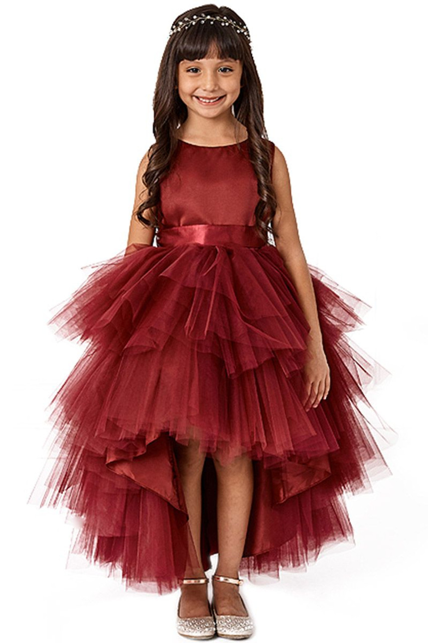 Tip Top Kids 5658 Burgundy Ruffled Tulle High Low Dress - Pink Princess