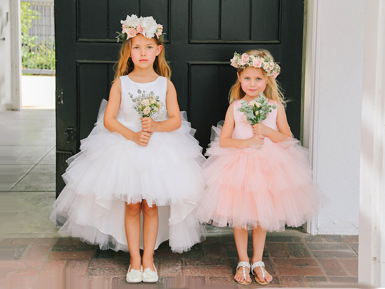 Tip Top Kids 5658 White Ruffled Tulle High Low Dress - Pink Princess