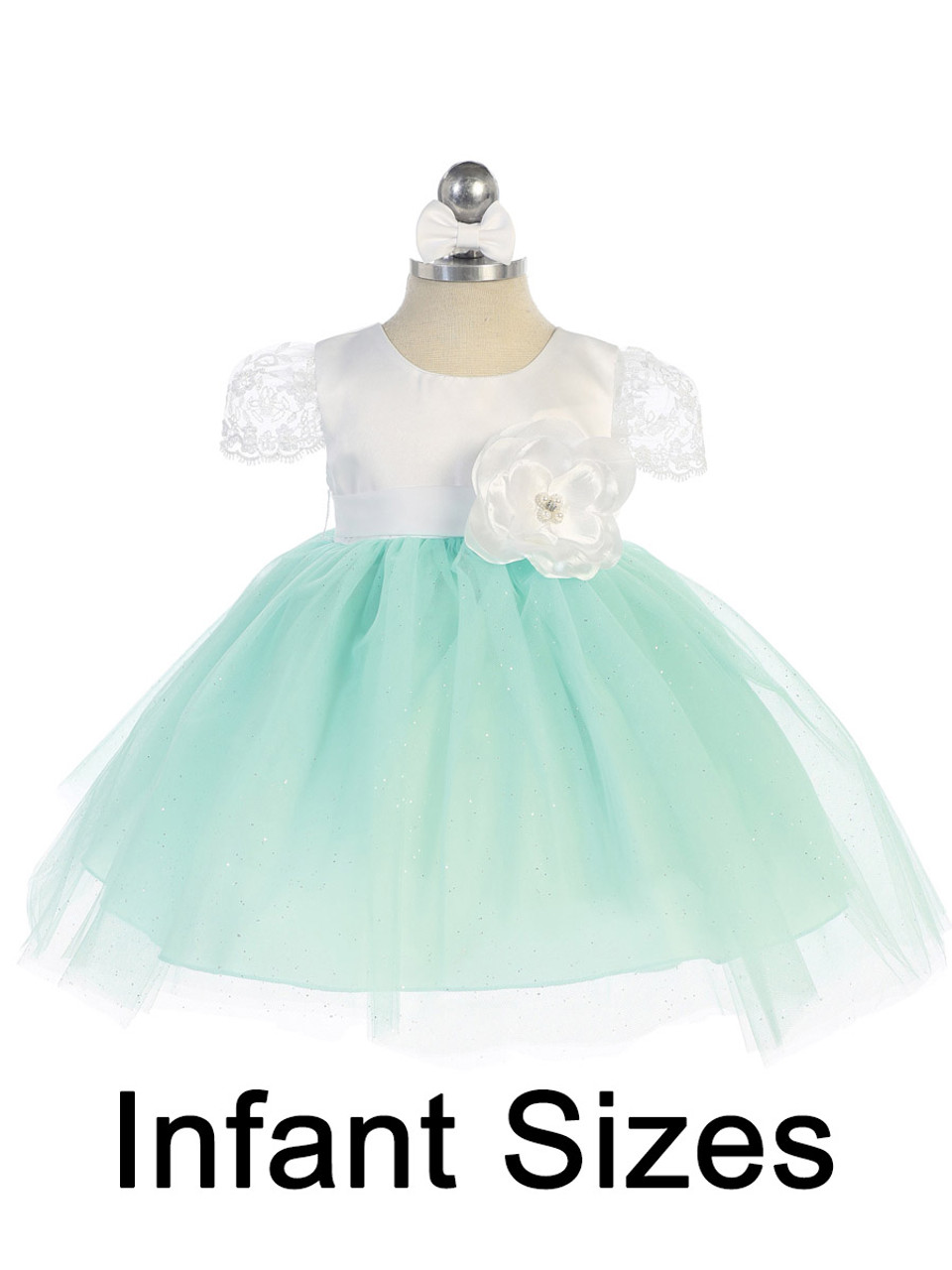 White & Aqua Satin Bodice w/ Glitter Tulle Skirt Dress - Pink Princess