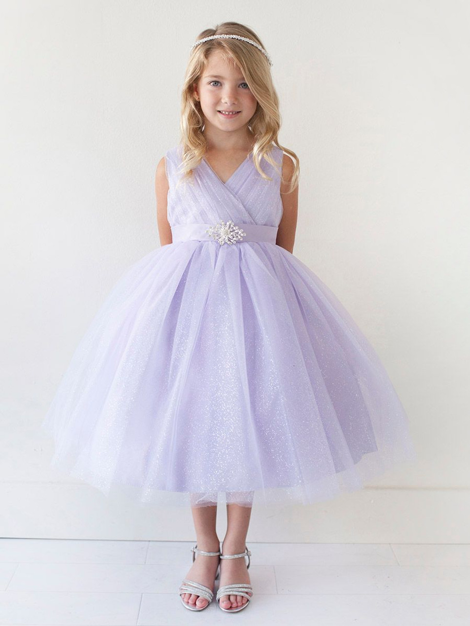 Lilac Glitter V Neck Tulle Dress w/ Rhinestone Brooch - Pink Princess