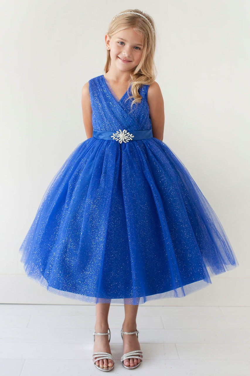 Royal Blue Glitter V Neck Tulle Dress w/ Rhinestone Brooch - Pink Princess