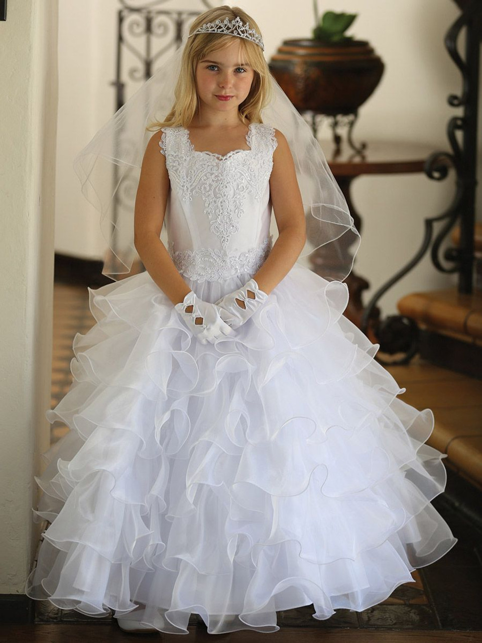 White Multi Layered Organza Ruffled Skirt w/ Embroidered