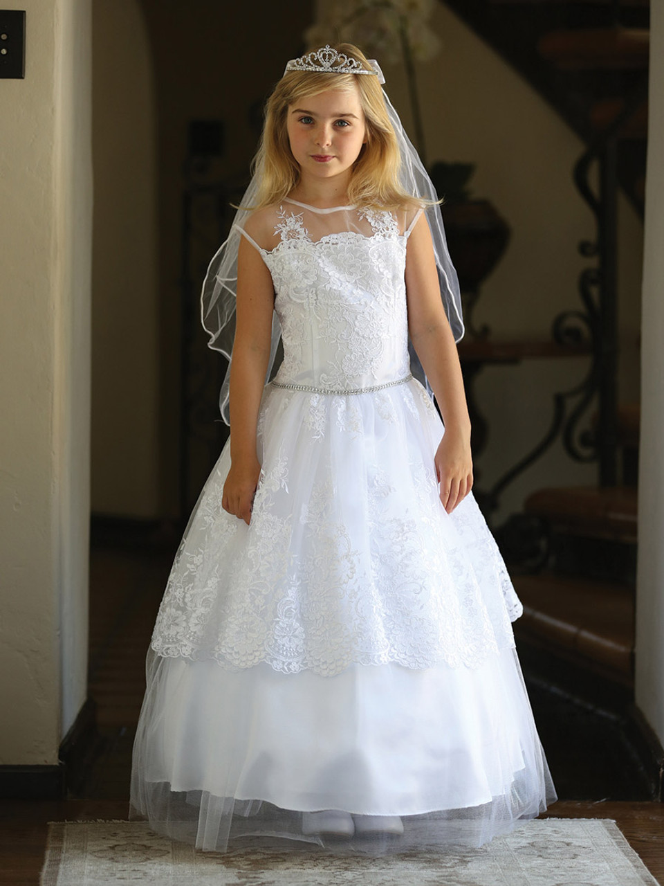 White Lace Dress w/ Tulle & Illusion Neckline - Pink Princess