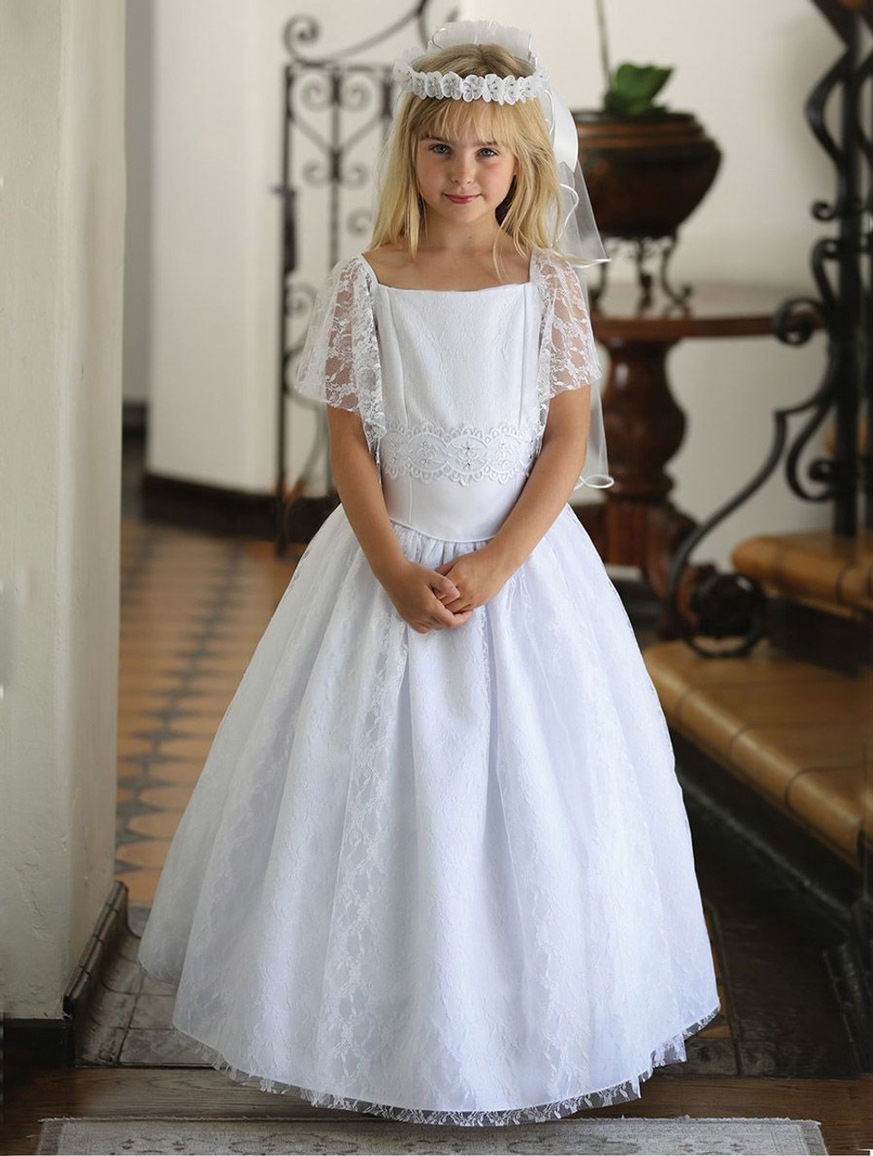 White Satin Dress w/ Lace Overlay & Flutter Sleeves - Pink Princess