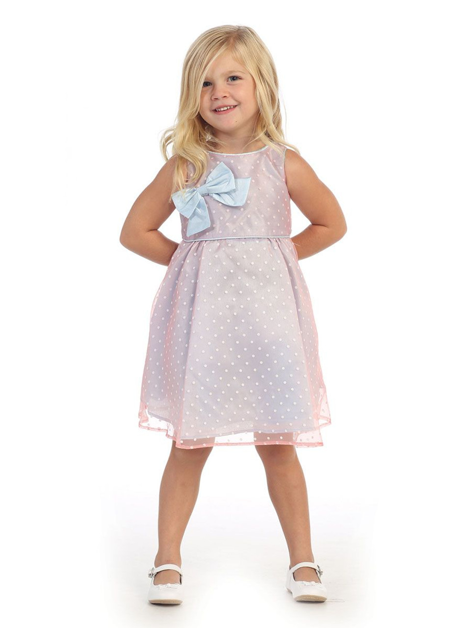 Light Blue Polka Dot Organza Dress w/ Bow - Pink Princess