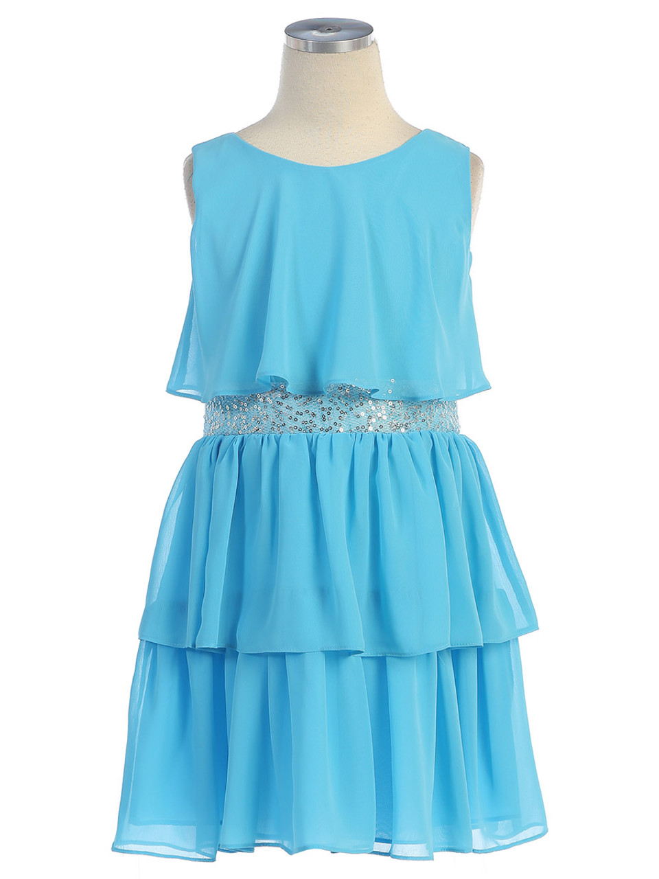Turquoise Tiered Chiffon Dress w/ Sequins Belt - Pink Princess