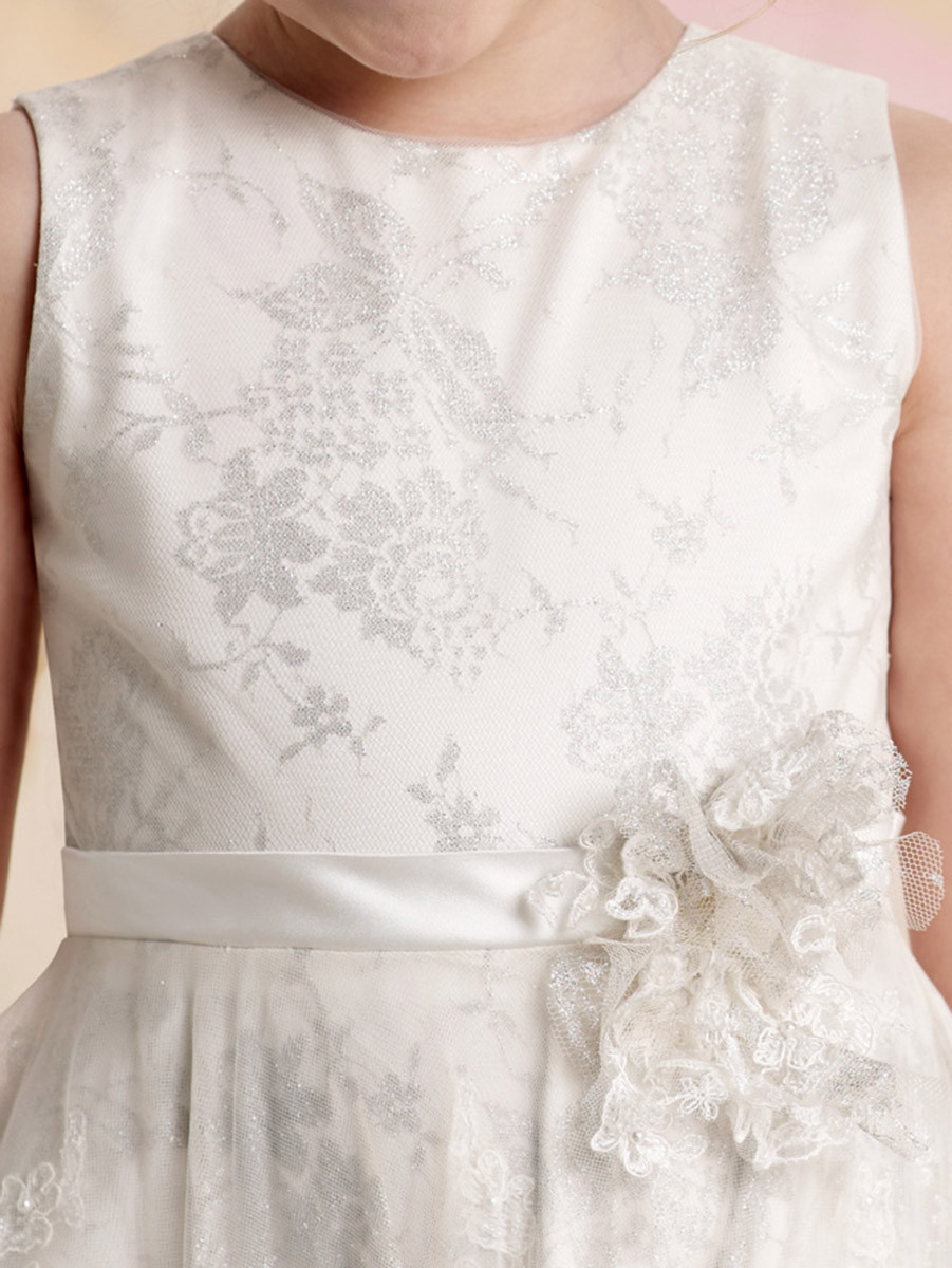 Joan Calabrese Ivory & Silver Satin Tulle & Metallic Lace Dress