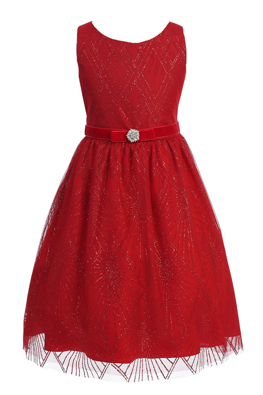 Kids Dream DC102 Red Sparkly Glitter Dress w/ Velvet Belt - Pink Princess