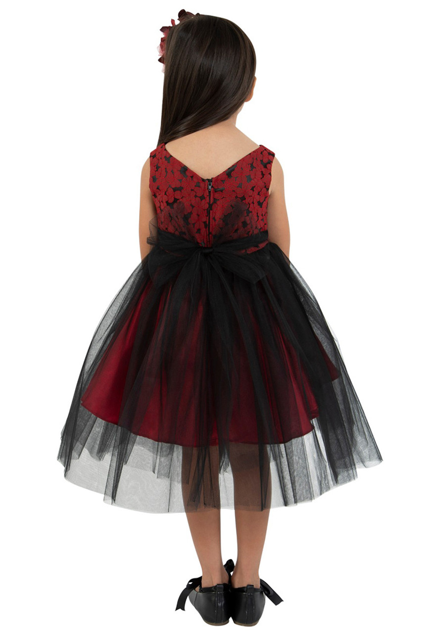 Red Satin Square Neck Wedding Party Flower Girl Dress, Black Lace Trim|  Misdress