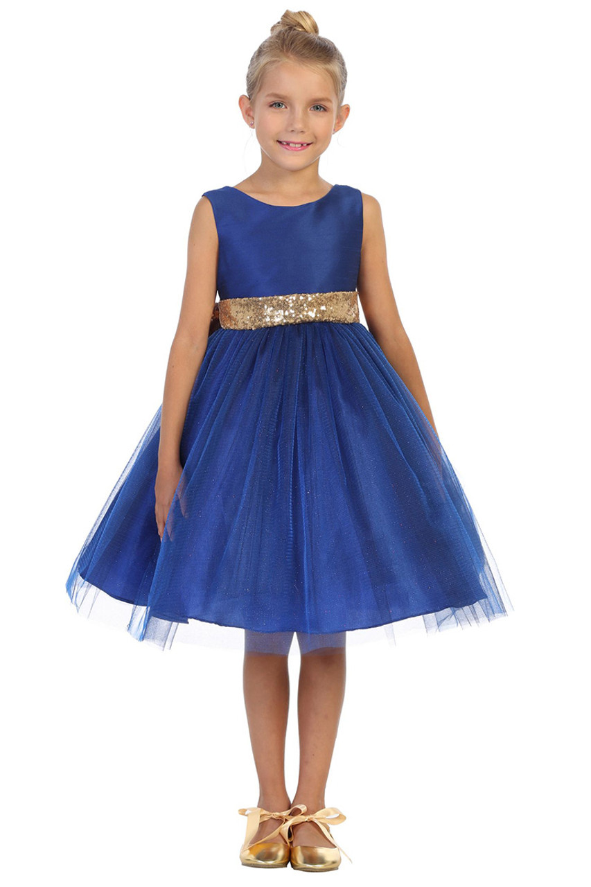 Kids Dream 498 Royal Blue Dupioni Tulle Dress w/ Gold Sequins V-Back &Bow -  Pink Princess