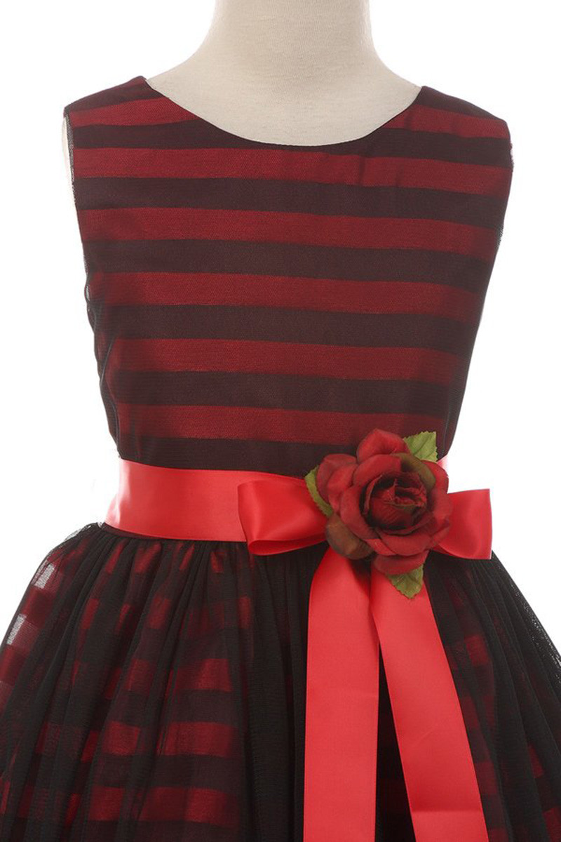 Kiki Kids 6395 Red & Black Stripe Dress w/ Ribbon & Flower - Pink
