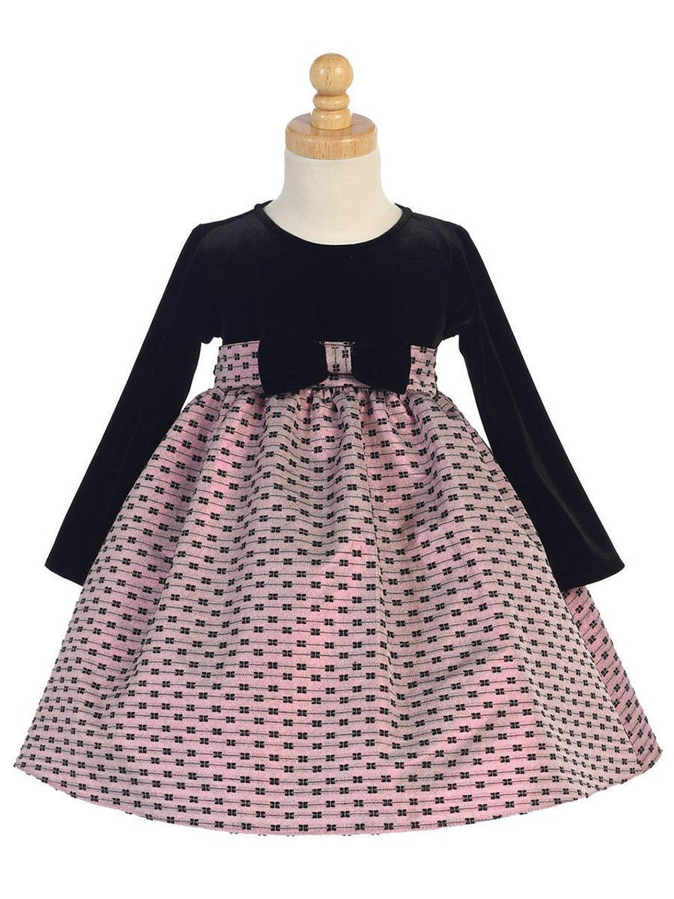 Swea Pea & Lilli Velvet & Pink Jacquard Dress W/ Bows - Pink Princess