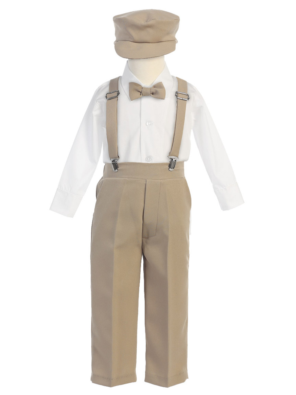 Boys' Khaki Longsleeve Suspender Pant Set w/ Hat