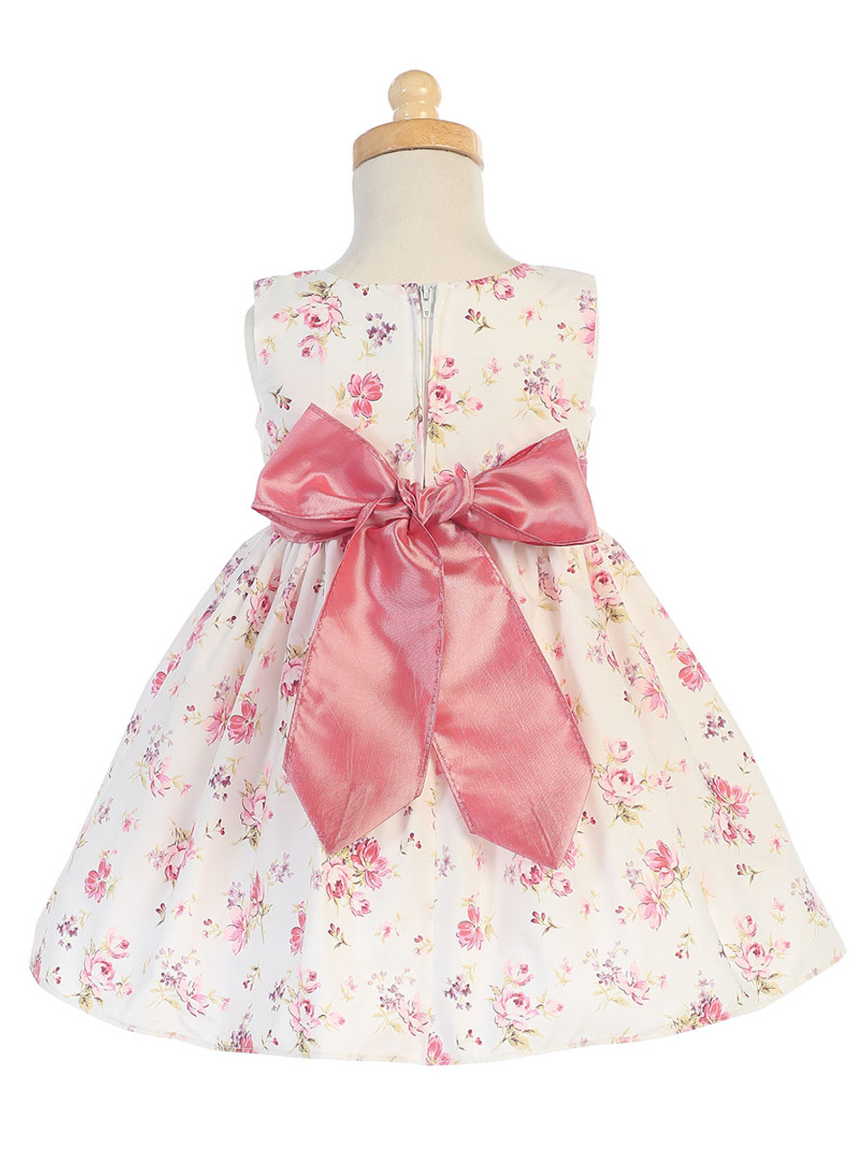 Girls Cotton Floral Print Dress w/ Dusty Rose Sash & Bow - Pink Princess