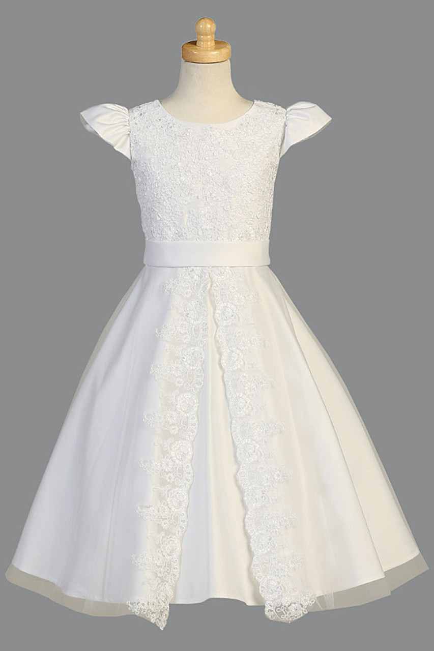 White Satin Communion Dress w/ Corded Floral Lace Applique - Pink