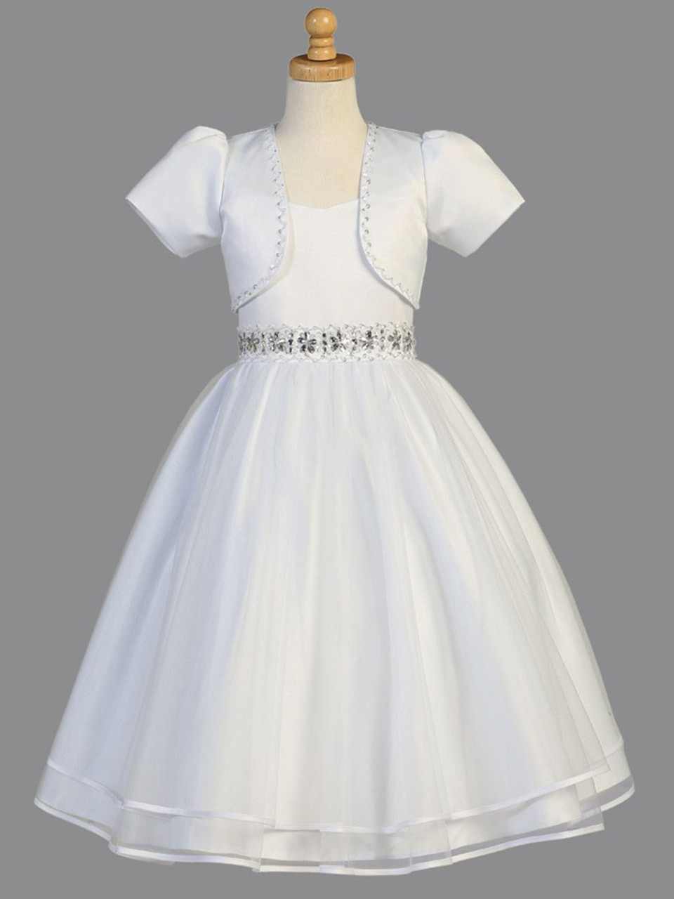 White Satin Beaded Communion Dress w/ Bolero - Pink Princess