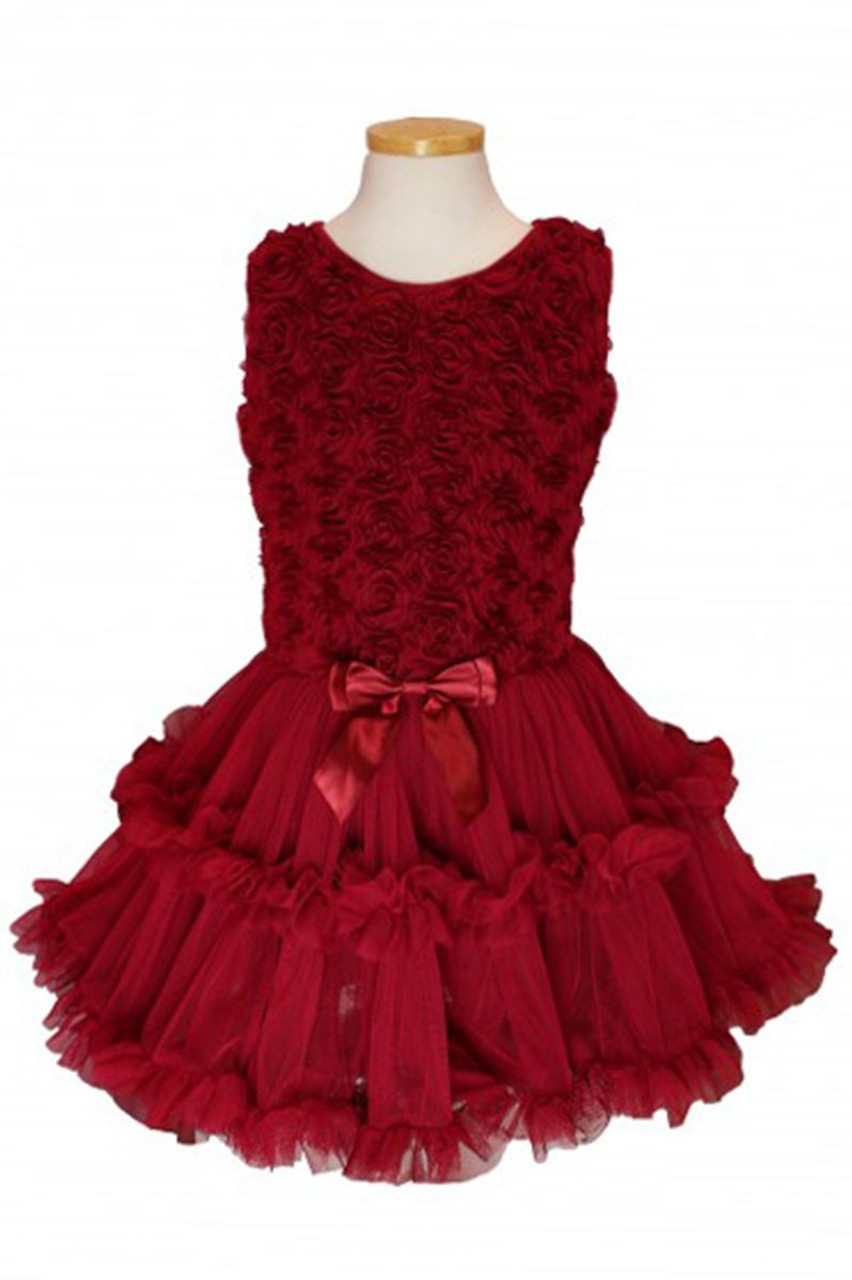 Popatu 989 Little Girls Burgundy Rose Soutach Petti Dress - Pink Princess