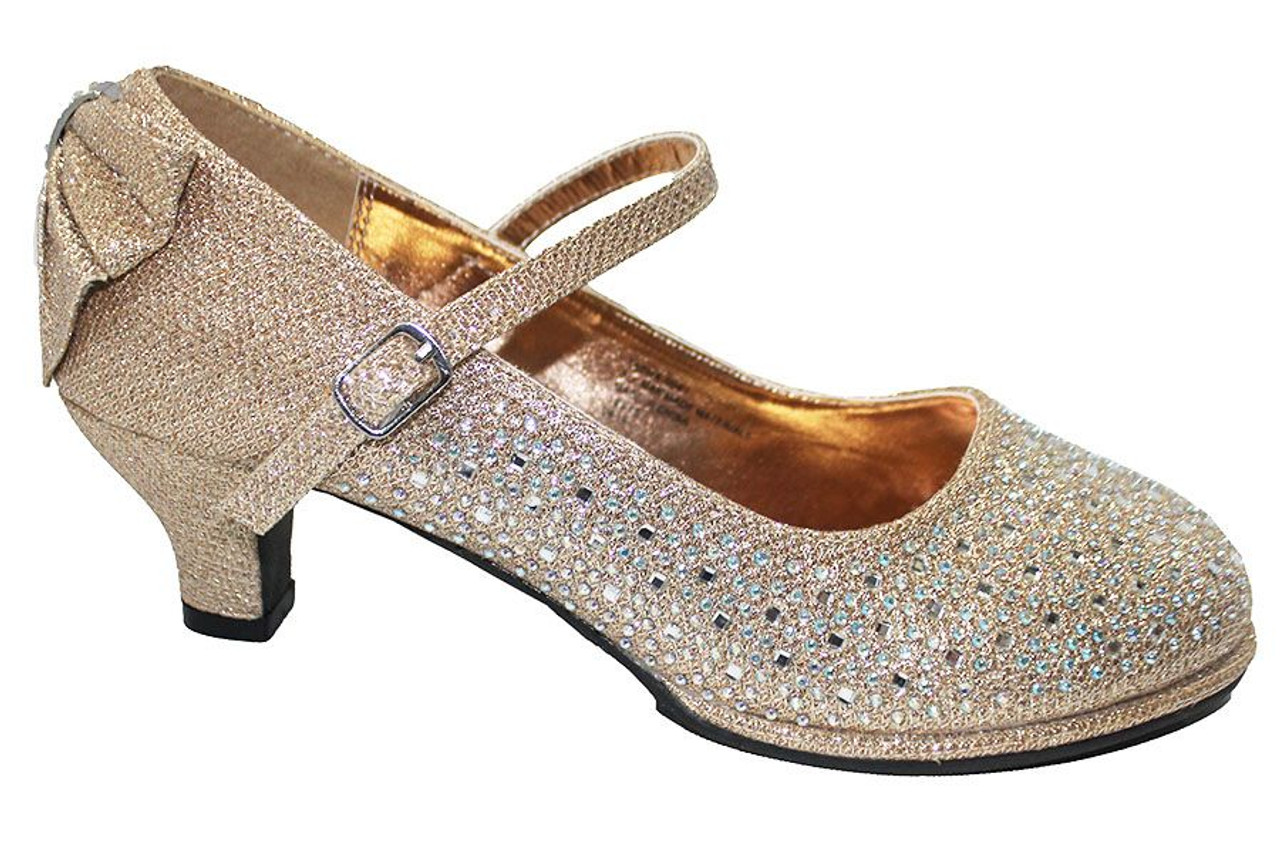 Little Angel TASHA-004 Rose Gold Glitter Low Heel Shoe w/ Back Bow ...