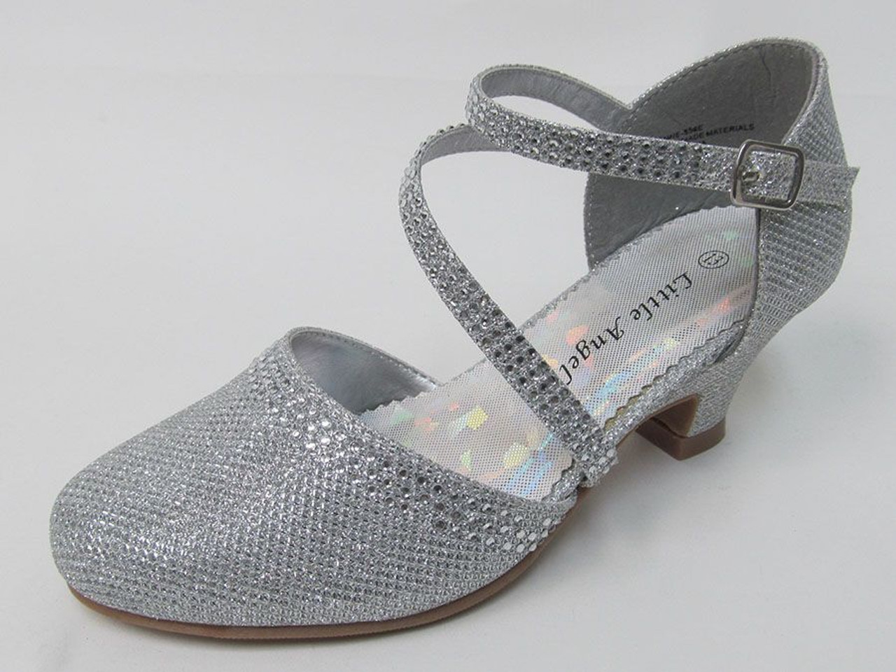 Girls Silver Low Heel Glitter Rhinestone Shoe Pink Princess