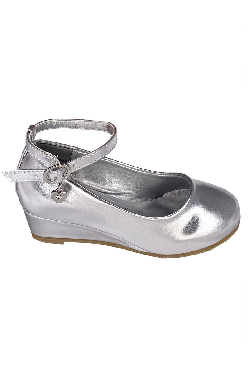 Little Angel SOPHIE- 872 Girls Silver Low Wedge Shoe w/ Ankle Strap - Pink  Princess