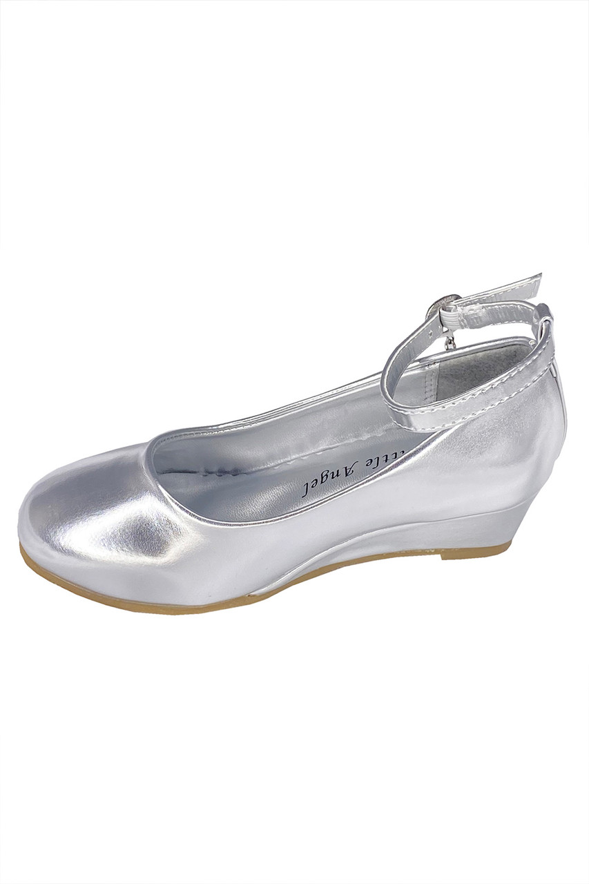 Little Angel SOPHIE 872 Girls Silver Low Wedge Shoe w Ankle