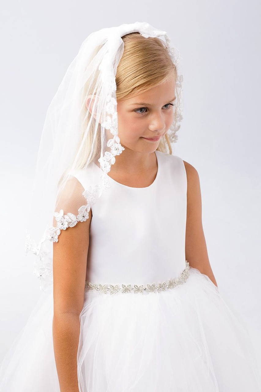 Topqueen V04a Communion Girls Mini Veil Beaded Pearls Back Bow