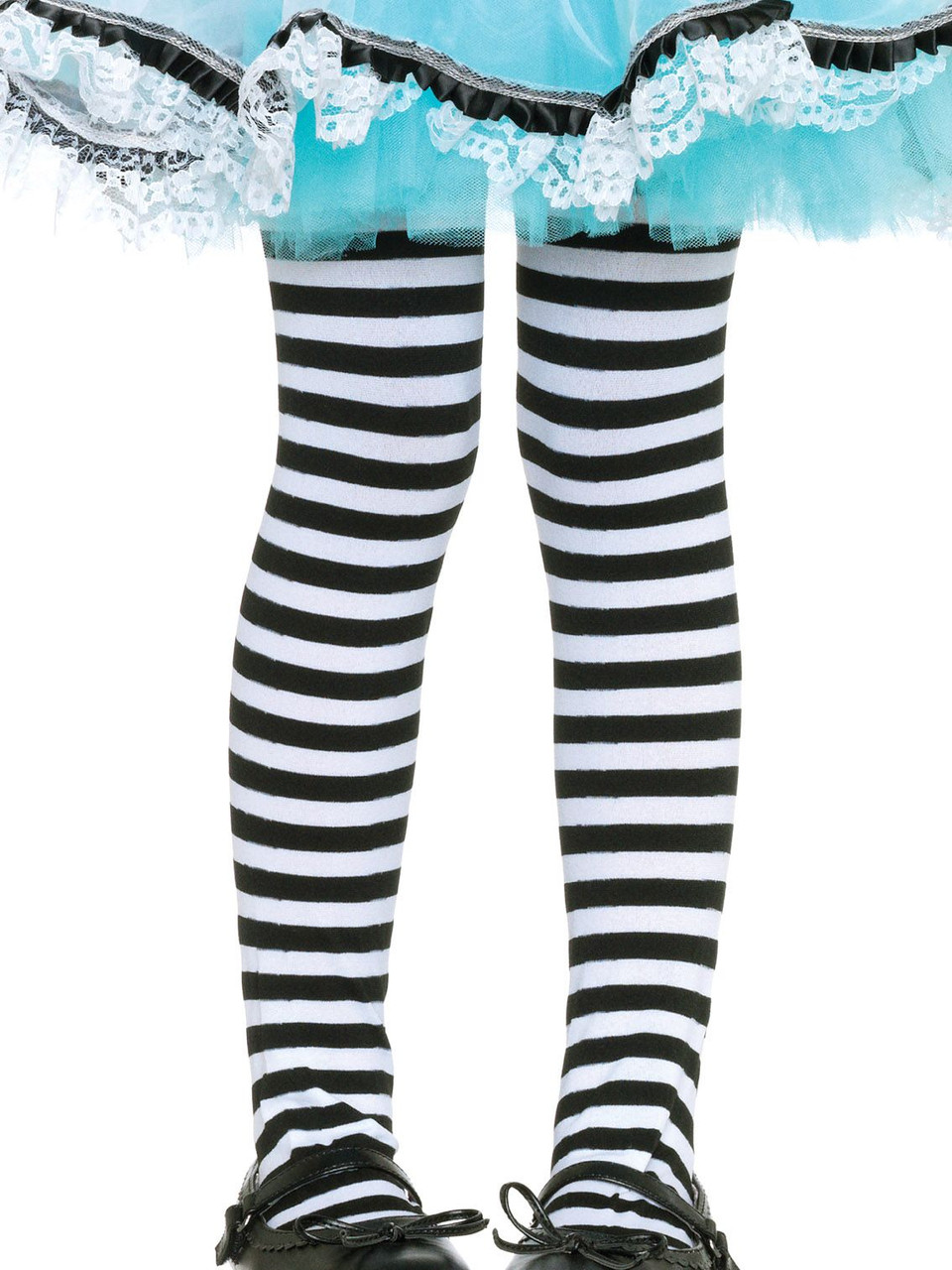 Girls Striped Black & White Tights - Pink Princess