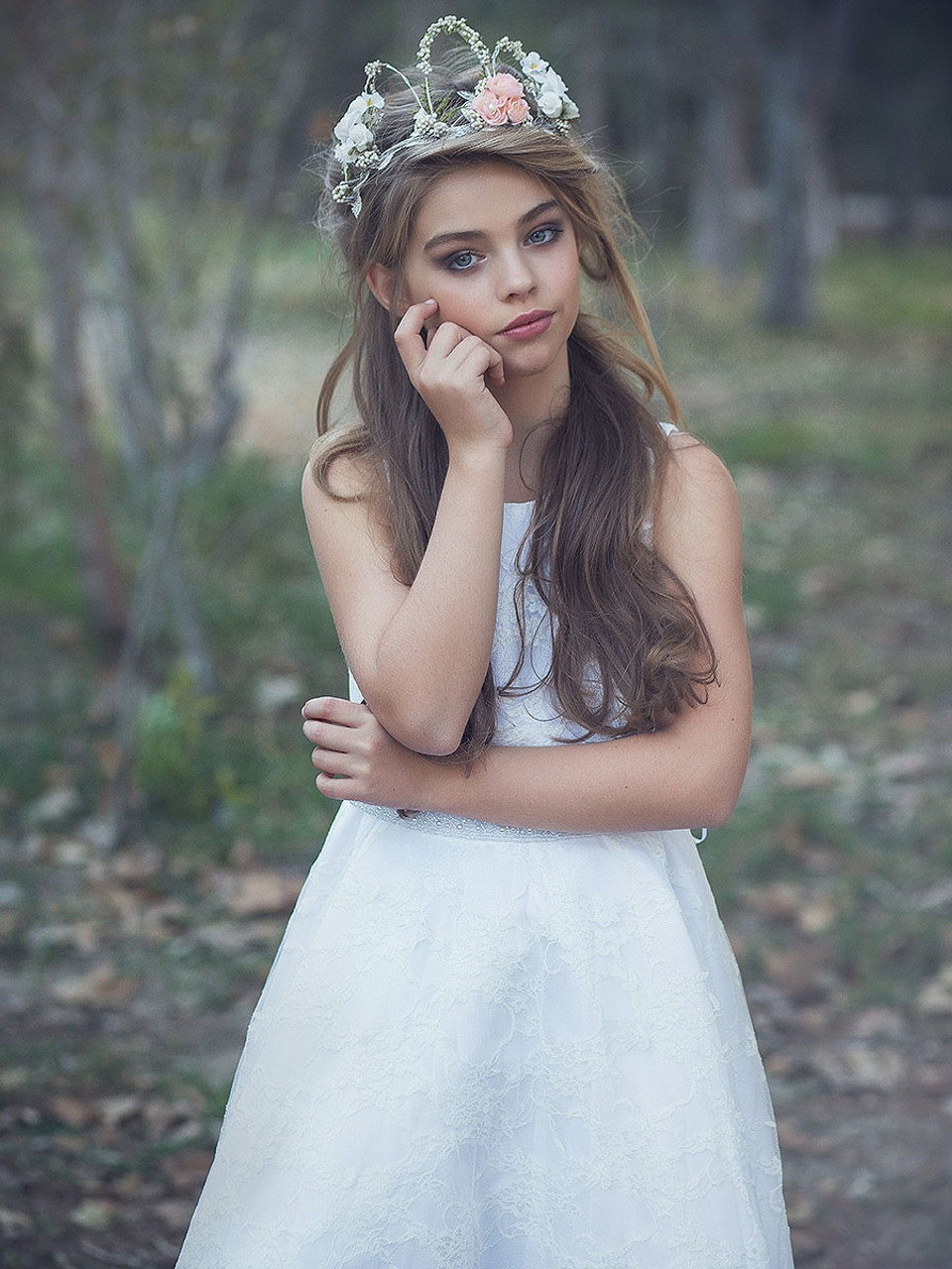 White Floral Lace Dress w/ Pearl Belt