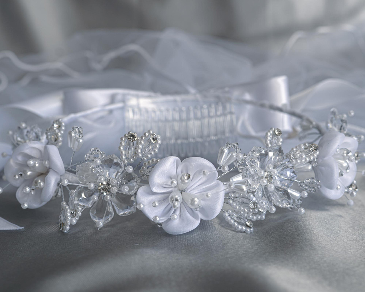 Swea Pea and Lilli 24 Veil with Satin and Crystal Flowers and Pearl Rhinestones | Pink Princess